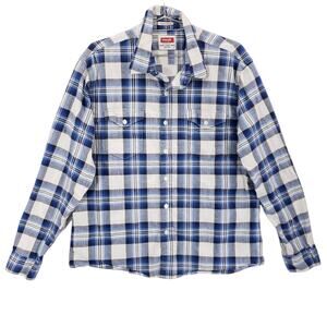 Wrangler Shirt Mens Extra Large Blue White Plaid Western Chambray Flex Button Up